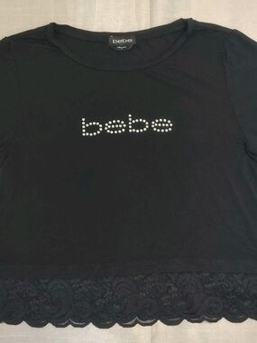 Y2K- black bebe shirt with rhinestone logo and lace trim Size Small
